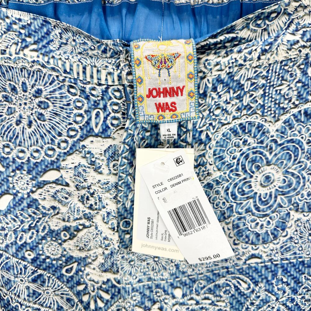 Johnny Was Lauchlen Wide Leg Silk Pants Denim Printed Satin Resort Blue XL NWT - Picture 9 of 12